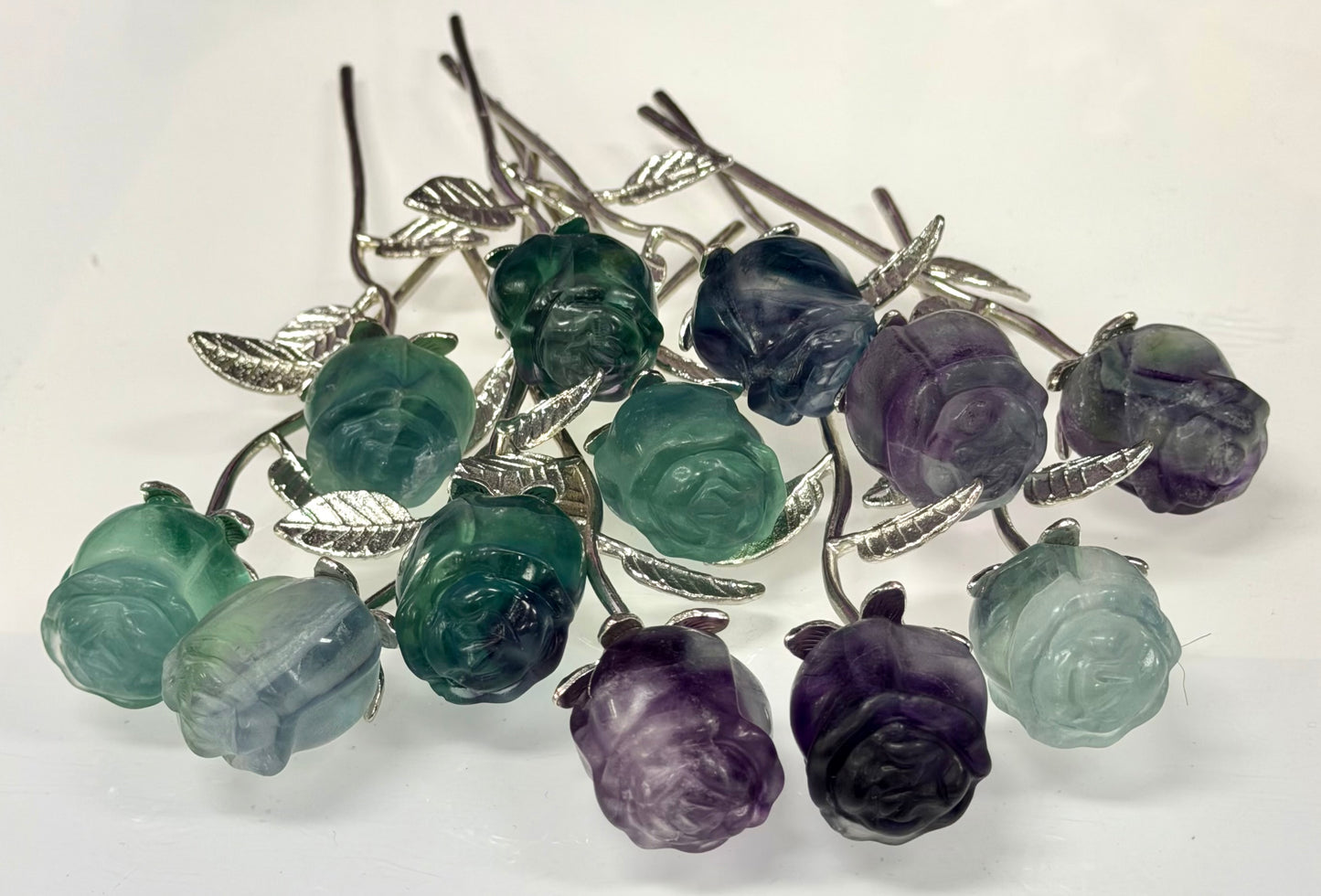 12 PCs Fluorite Rose with Rhodium Metal Stem Natural Crystal Healing Energy