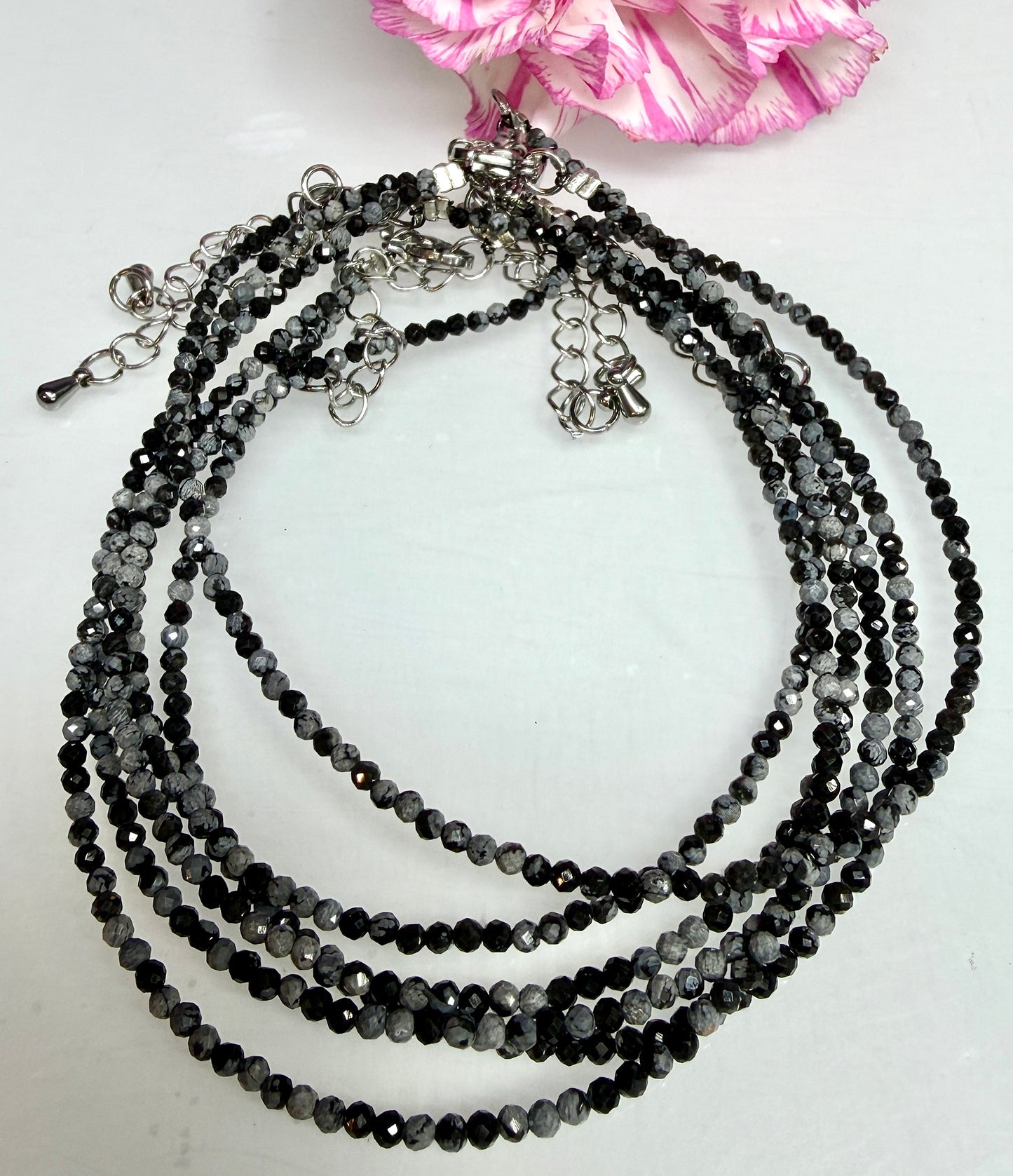 6 PCs 2mm Natural Snowflake Obsidian Anklet Crystals Healing Energy