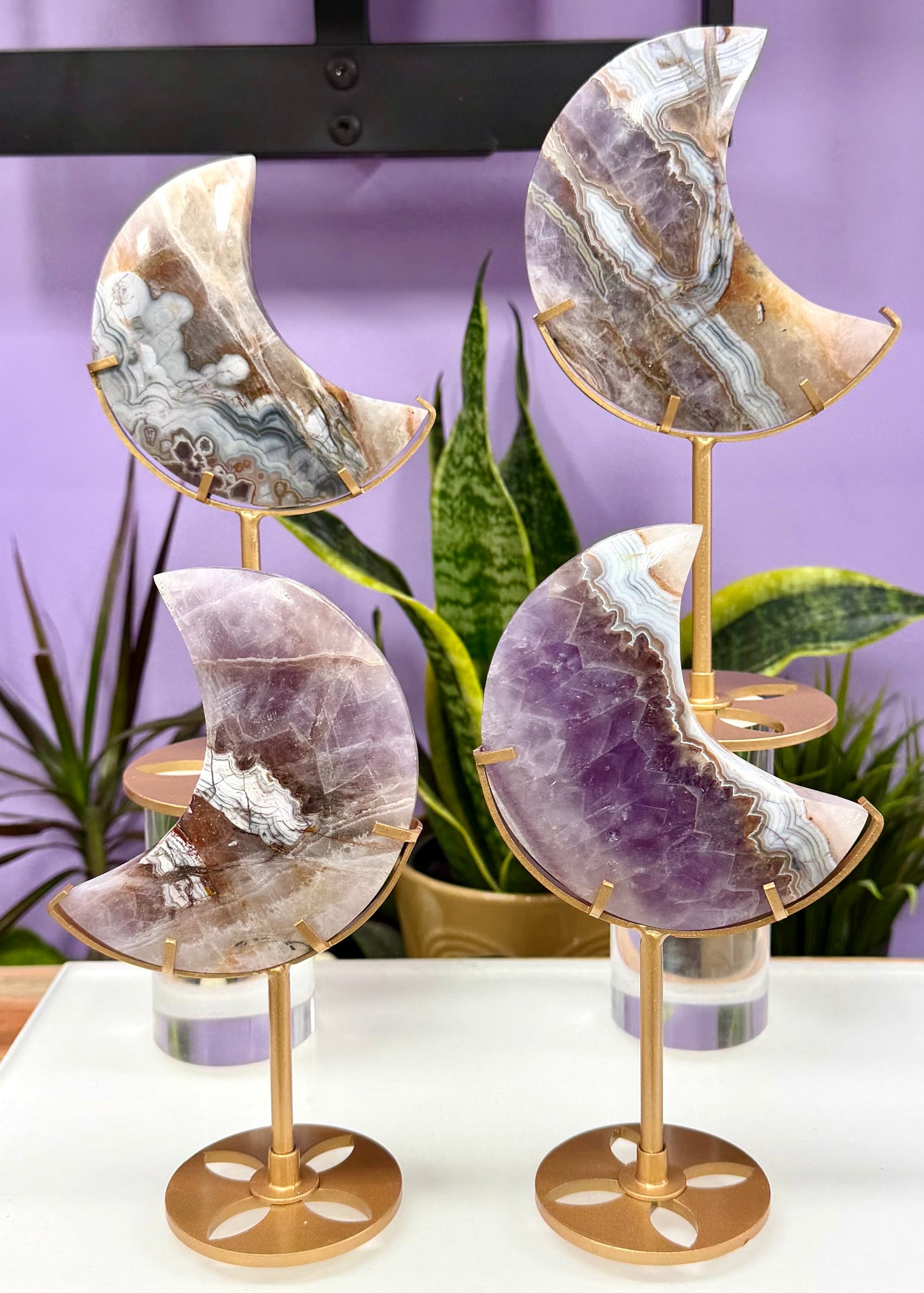 Wholesale Lot 4 PCs Natural Amethyst Lace Agate Moon w/stand Healing Energy