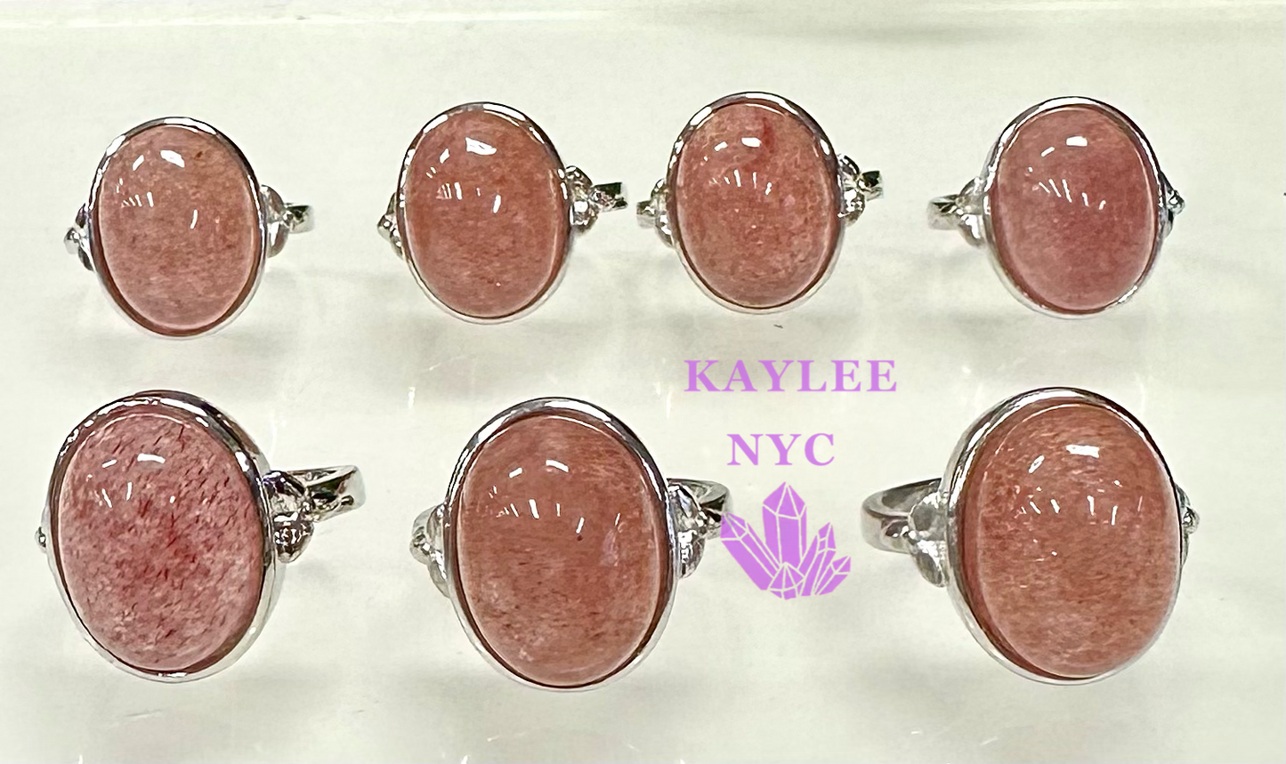 7 PCs Natural Strawberry Quartz White Bronze Ring