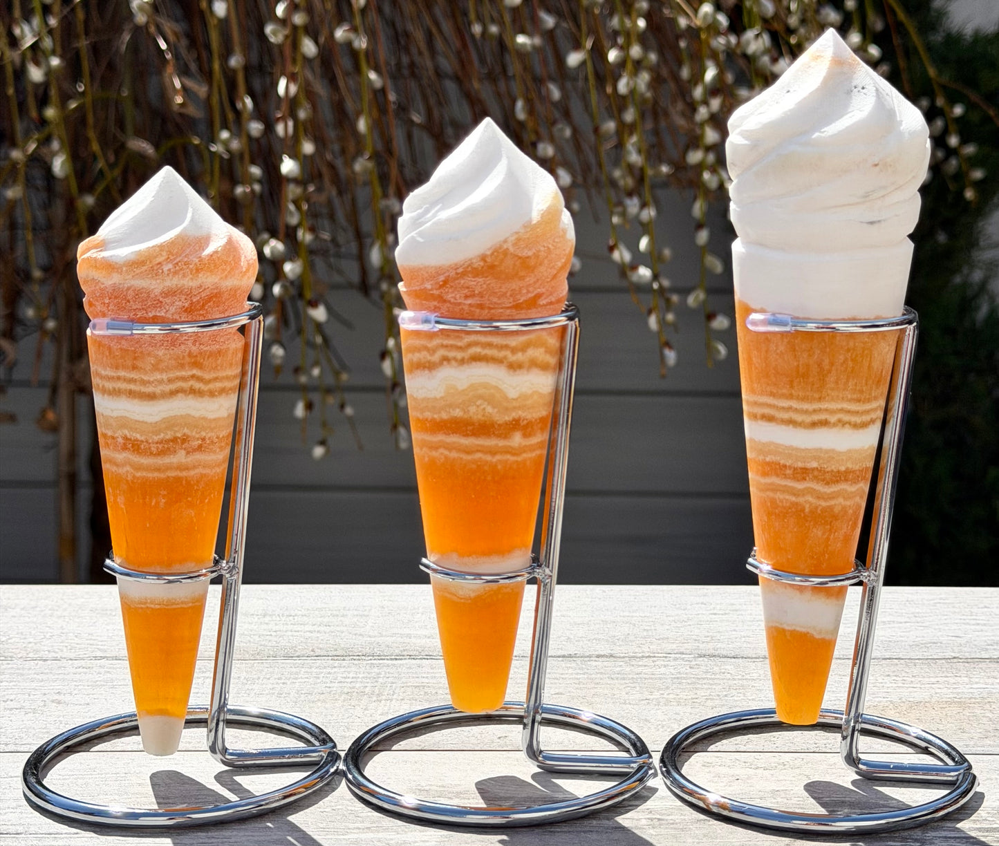 Wholesale Lot 3-4 PCs Orange Calcite Ice Cream Cone with Rhodium Metal stand