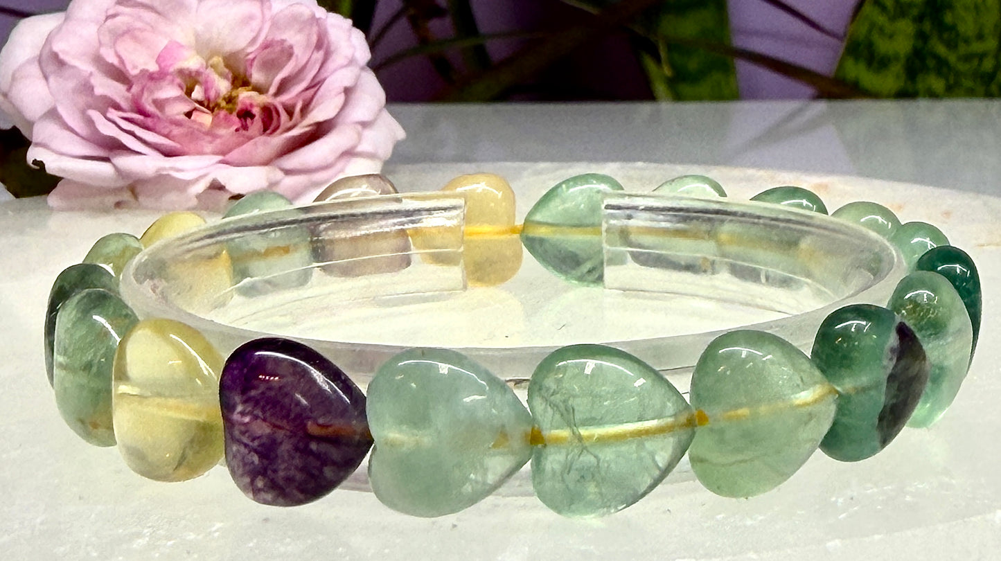 Wholesale 6 Pcs Natural Fluorite Heart 8mm 7.5” Crystal Healing Stretch Bracelet