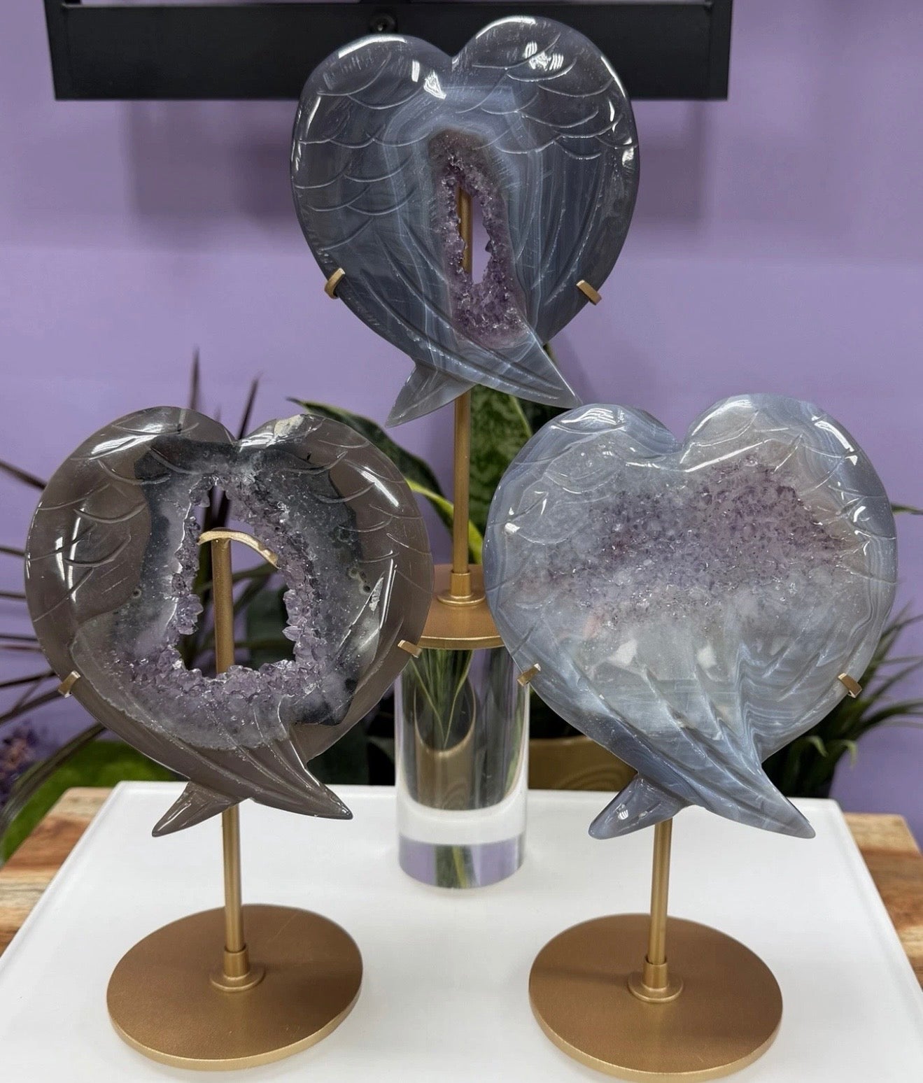 Wholesale Lot 3 Pcs Amethyst Agate Wing Heart Natural Crystal With stand Healing