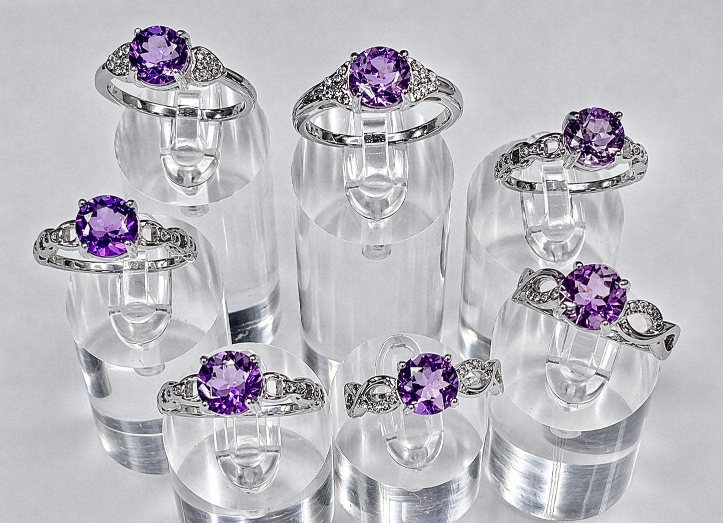 Wholesale Lot 7 pcs Faceted Natural Amethyst Stainless Steel Ring 7mm