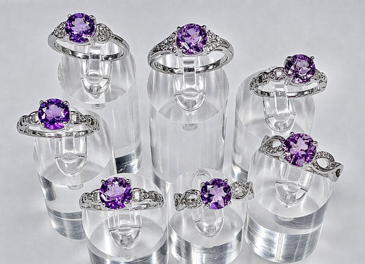 Wholesale Lot 7 pcs Faceted Natural Amethyst Stainless Steel Ring 7mm