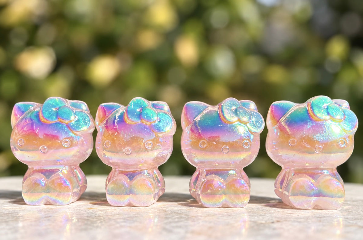 4 PCs Aura Rose Quartz Kitty Cat Crystal Healing Energy