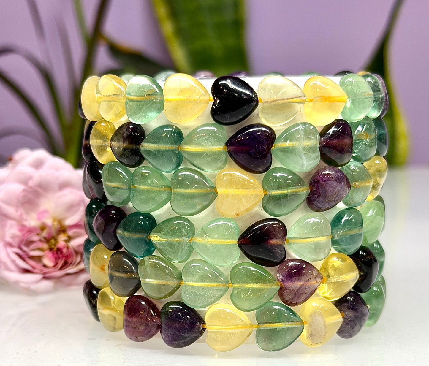 Wholesale 6 Pcs Natural Fluorite Heart 8mm 7.5” Crystal Healing Stretch Bracelet