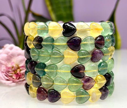 Wholesale 6 Pcs Natural Fluorite Heart 8mm 7.5” Crystal Healing Stretch Bracelet