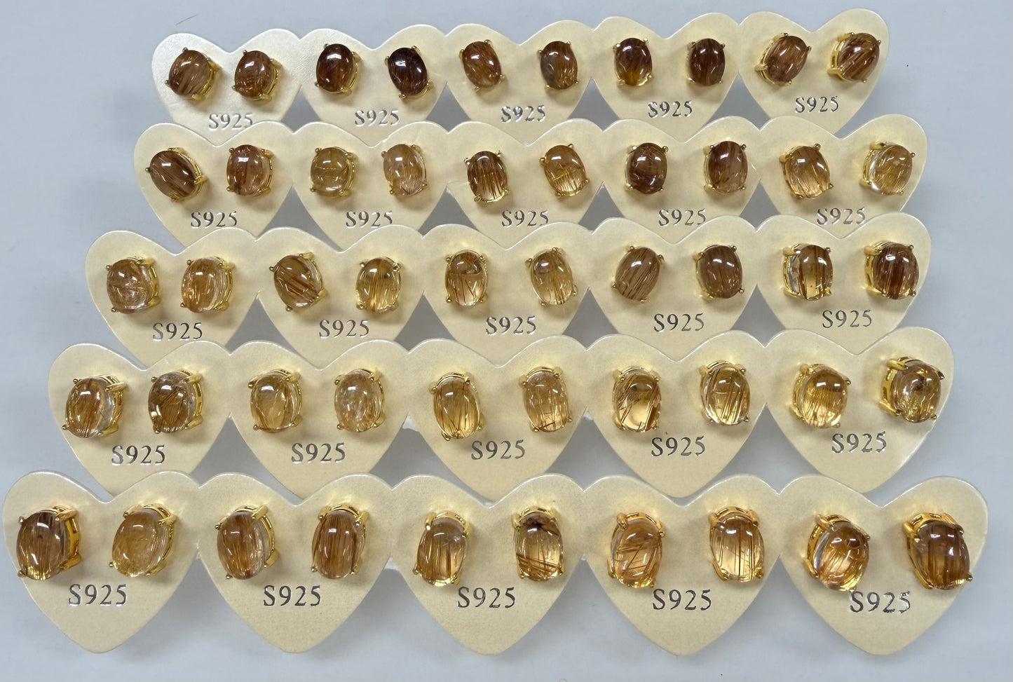 Wholesale Lot 5 Pairs Natural Gold Rutilated Quartz Sterling Silver (925) Posts