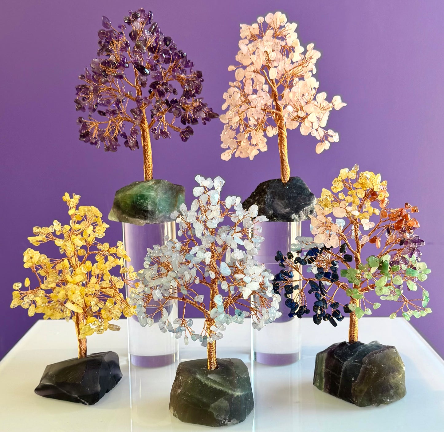 Wholesale Lot 5 Pcs Natural Crystal Tree with Fluorite Crystal Base Copper Wire