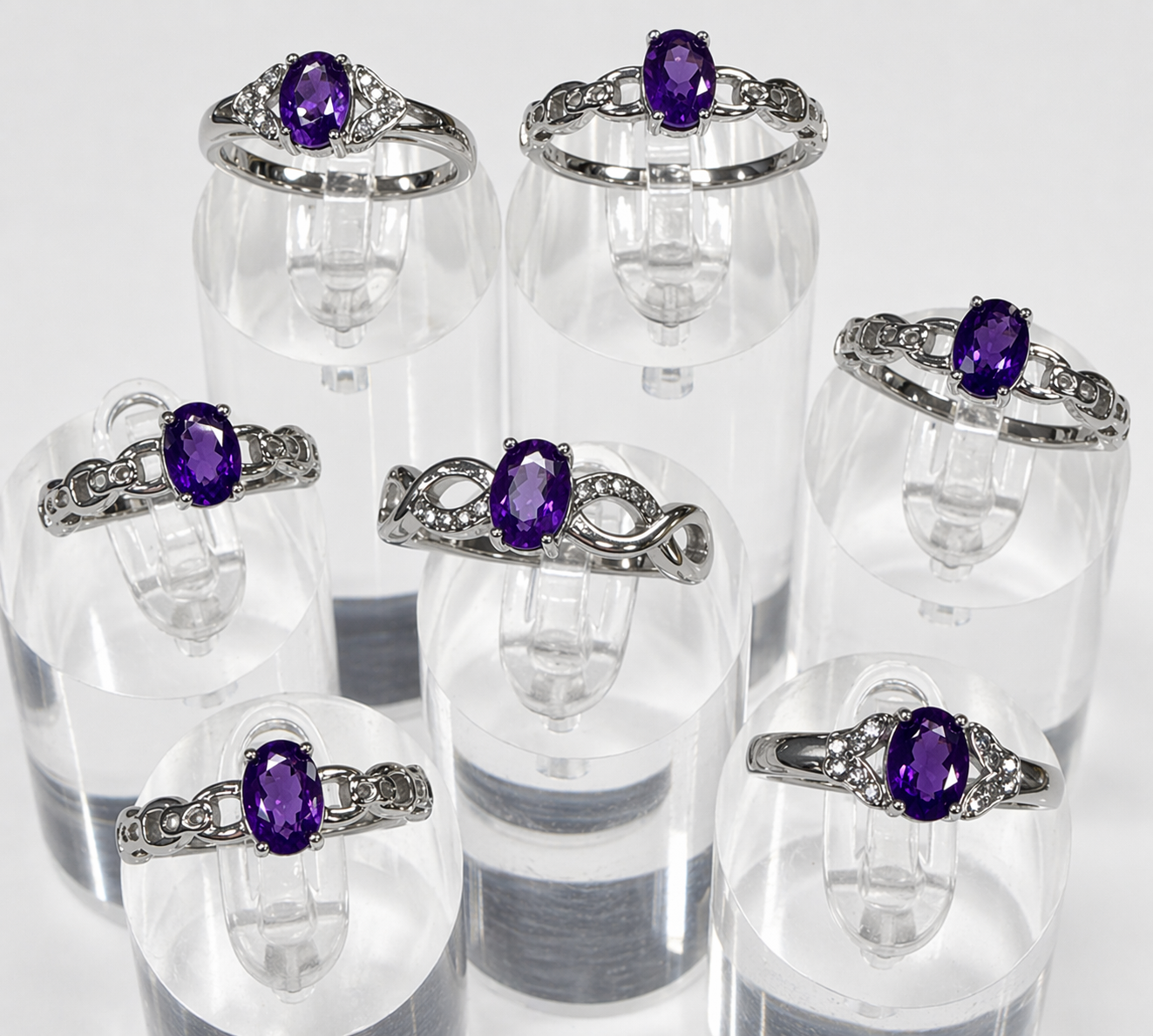 Wholesale Lot 7 pcs Natural Amethyst Stainless Steel Ring 5x7mm