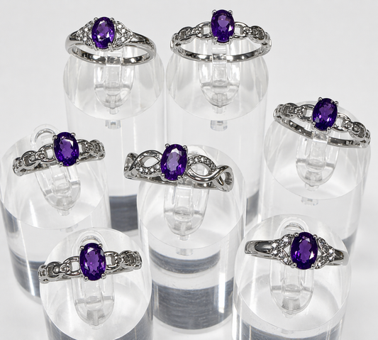 Wholesale Lot 7 pcs Natural Amethyst Stainless Steel Ring 5x7mm