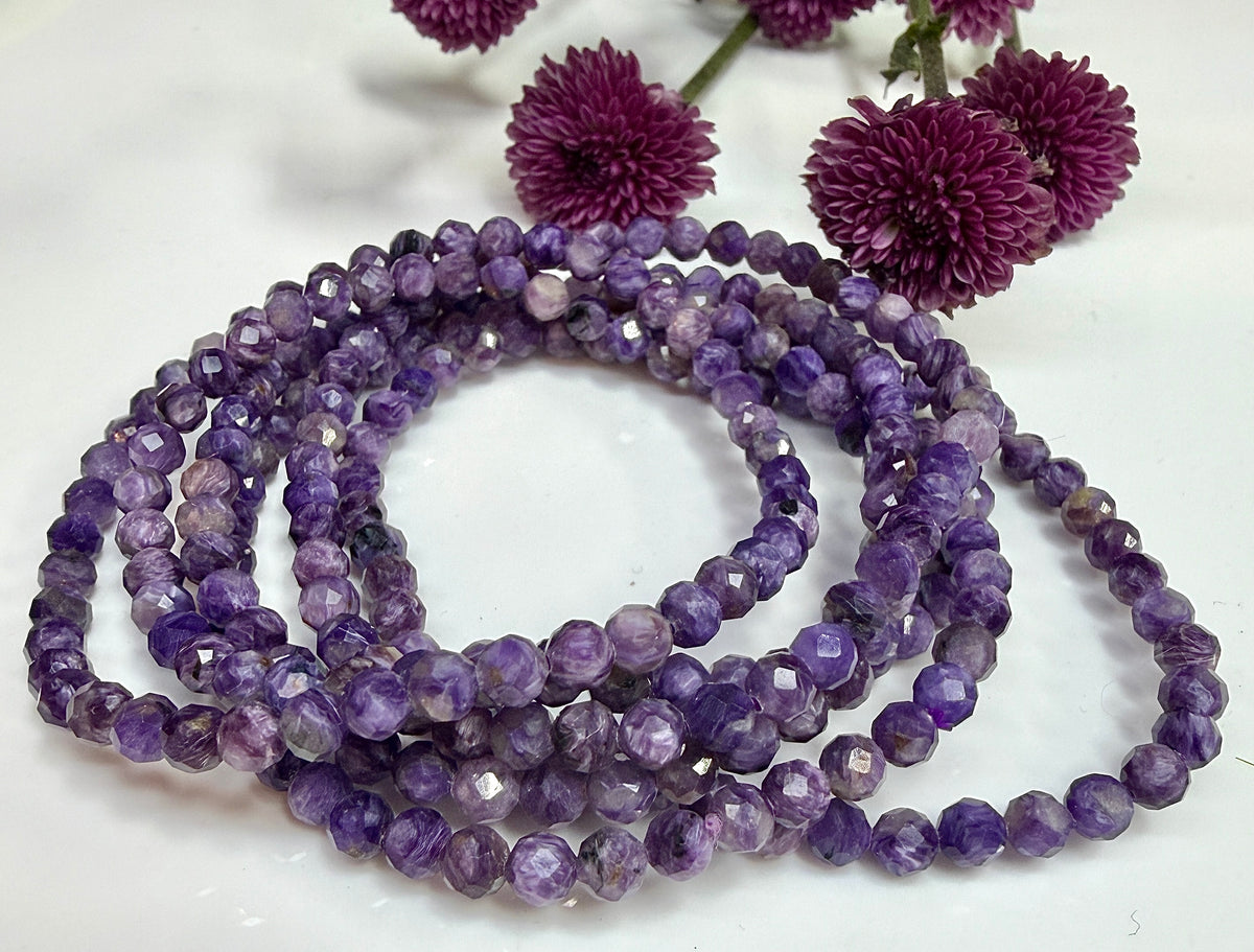 Wholesale 6 Pcs Natural Charoite Faceted Stretch Bracelets – 4mm 7.5”