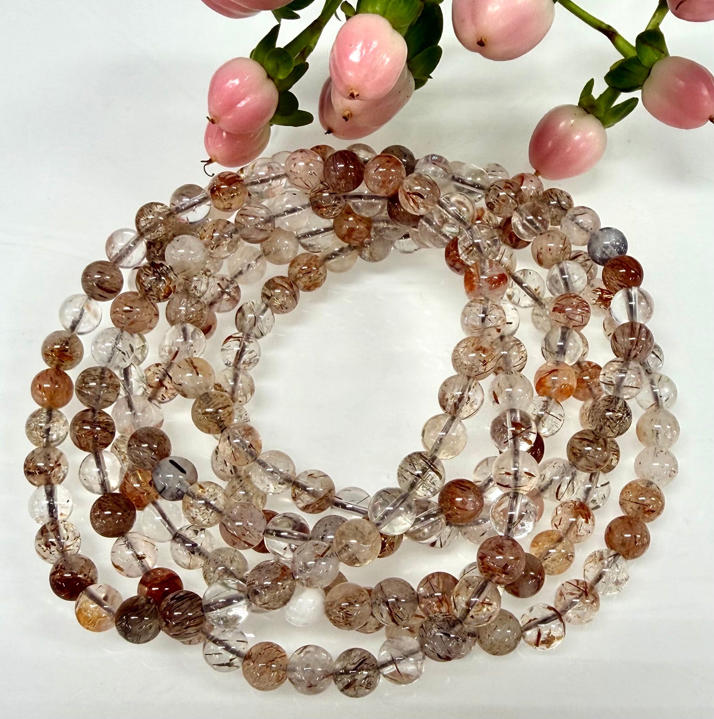 6 PCs 6mm Natural Copper Rutilated Quartz Stretch Bracelet 7.5”