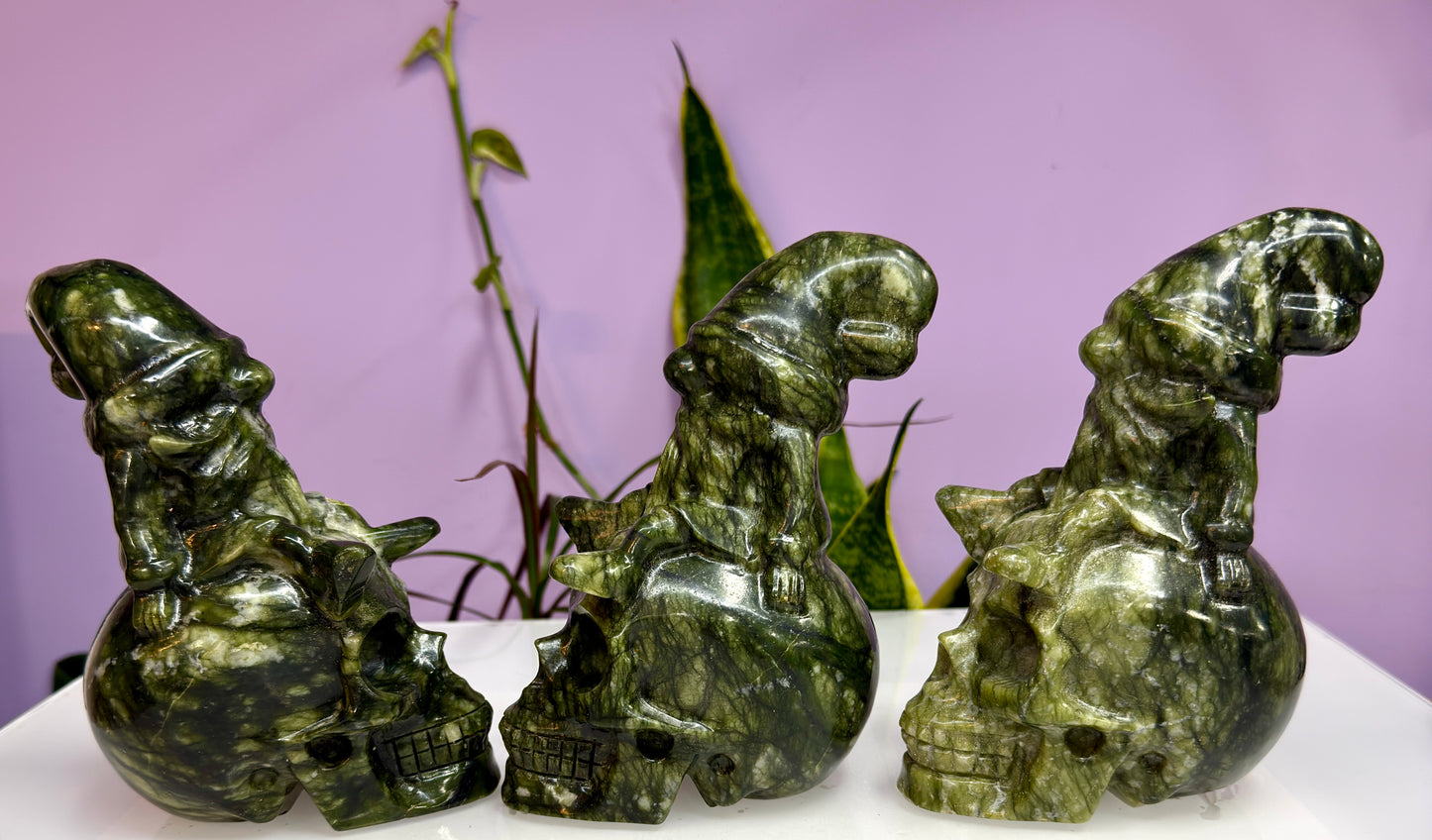 3 PCs Natural Nephrite Jade Skull Gnome Crystals Healing Energy