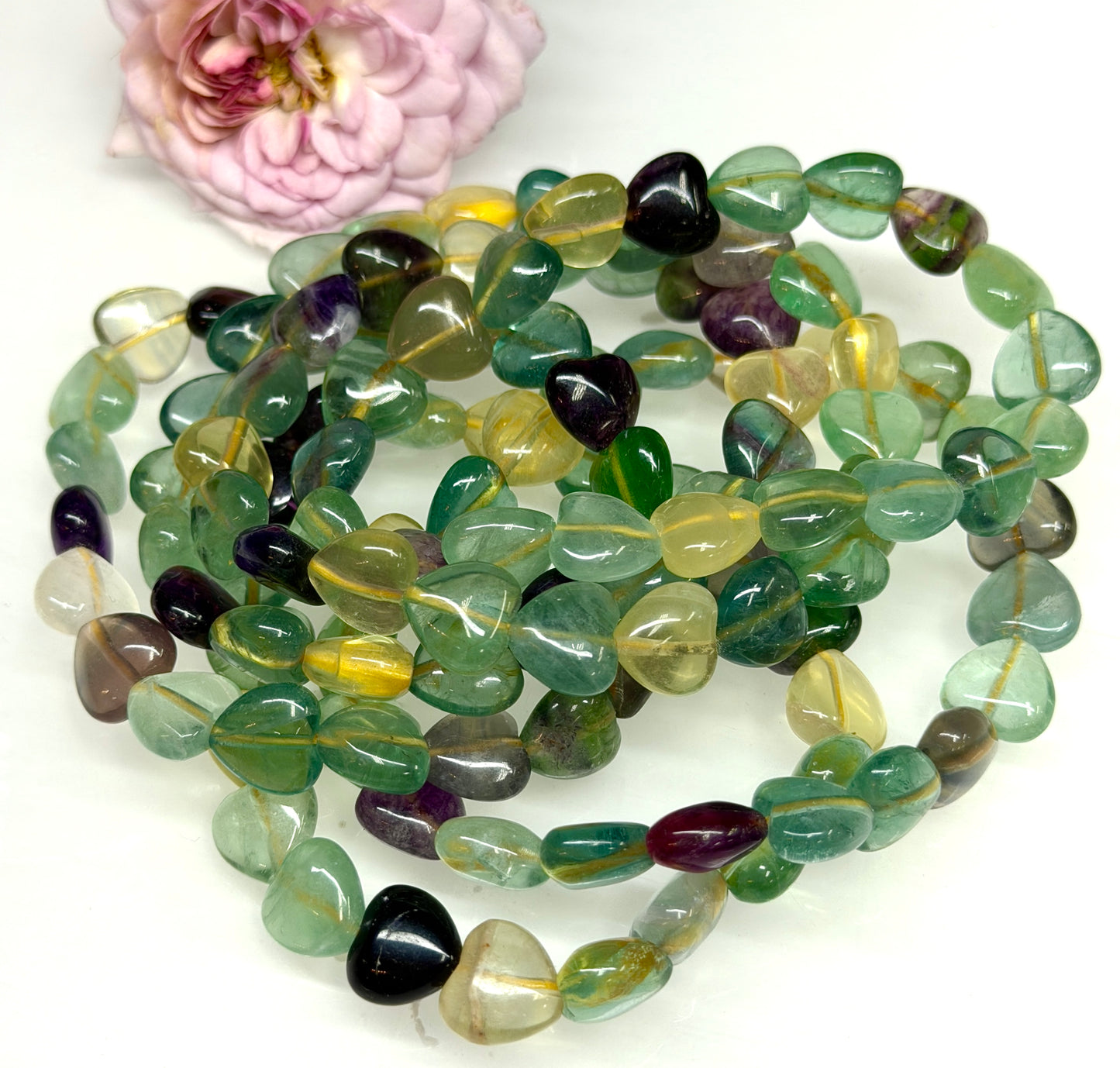 Wholesale 6 Pcs Natural Fluorite Heart 8mm 7.5” Crystal Healing Stretch Bracelet