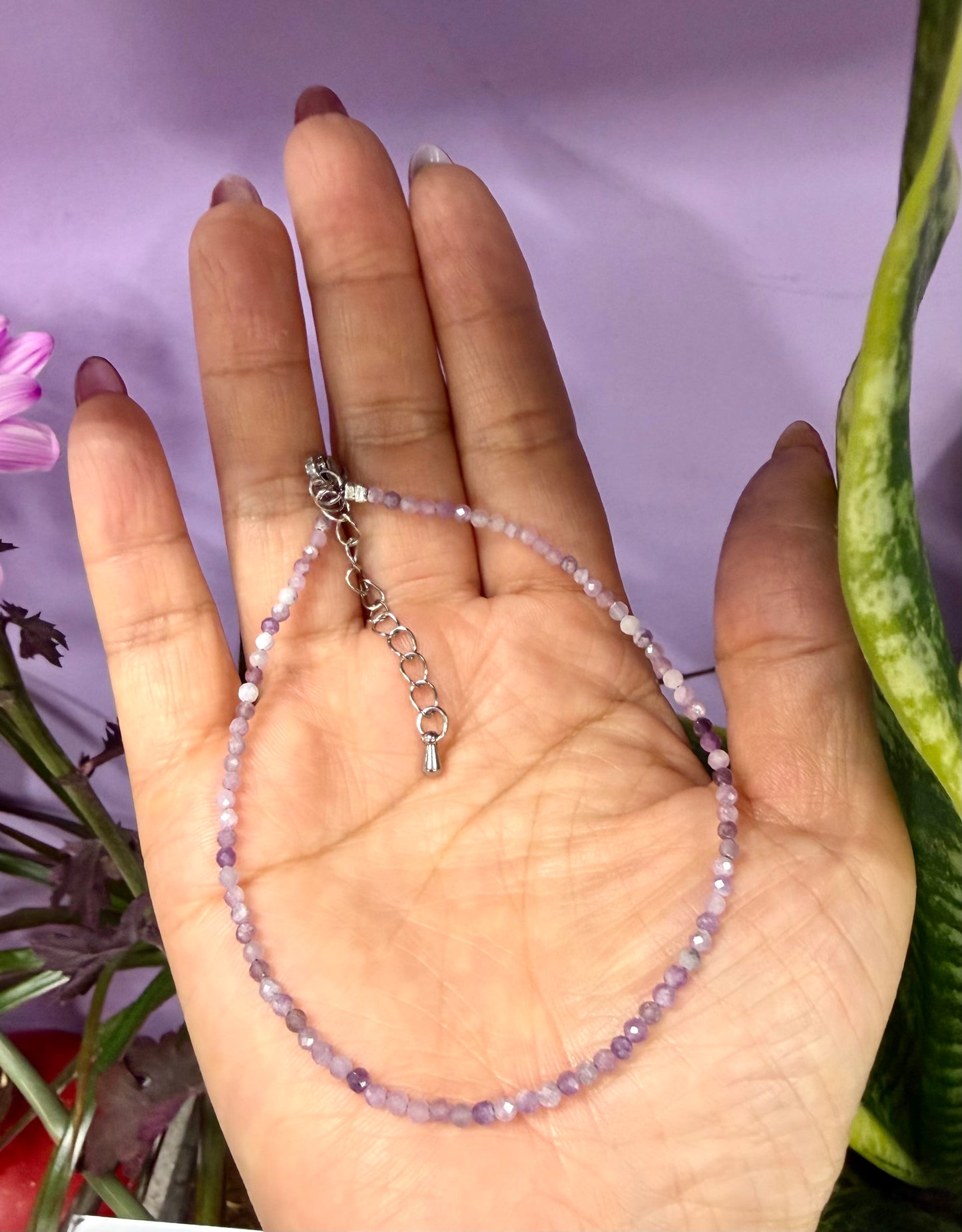 6 PCs 2mm Faceted Natural Lepidolite Anklet Stainless Steel Finding