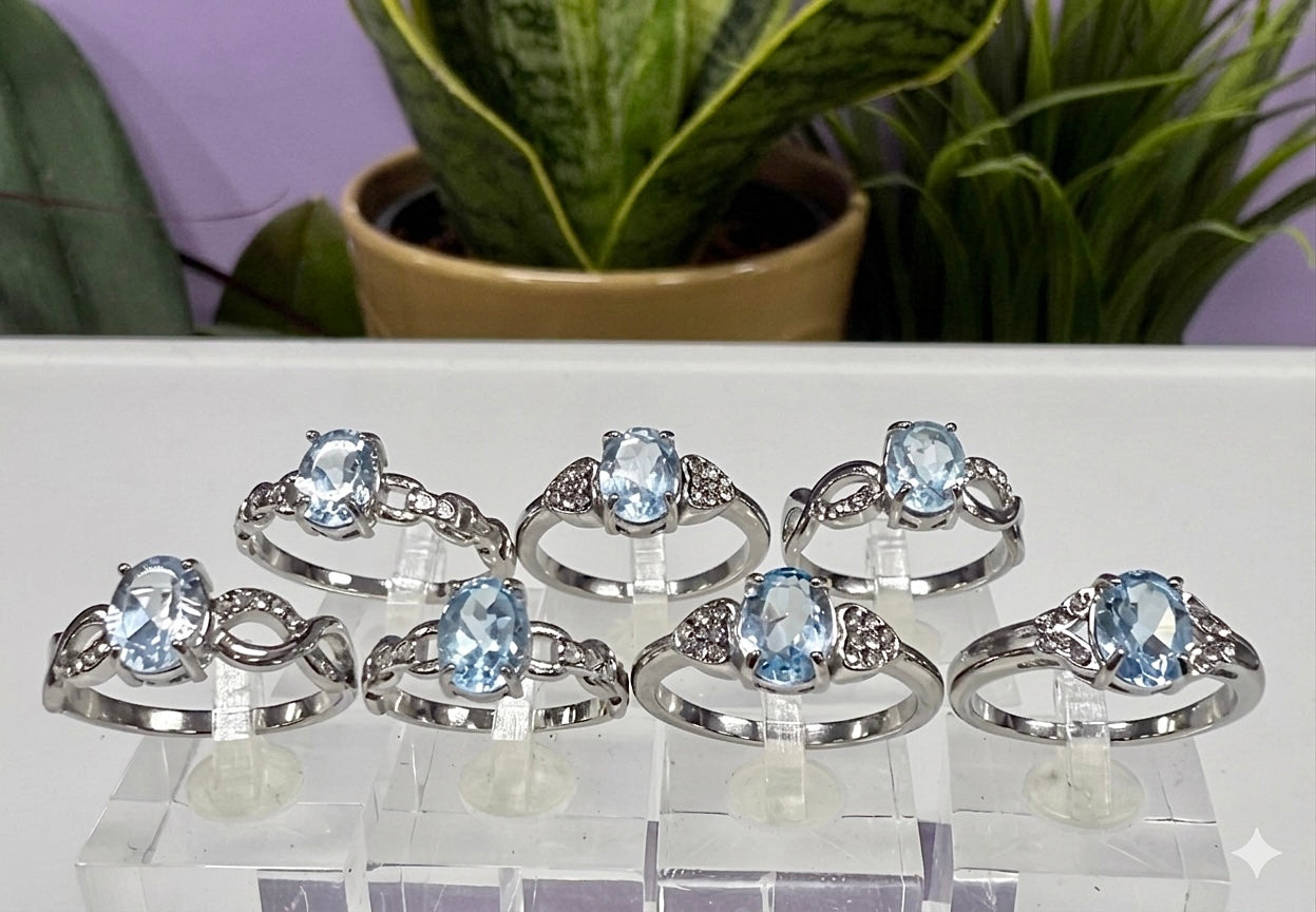 Wholesale Lot 7 pcs Faceted Natural Blue Topaz Stainless Steel Ring 7x9mm