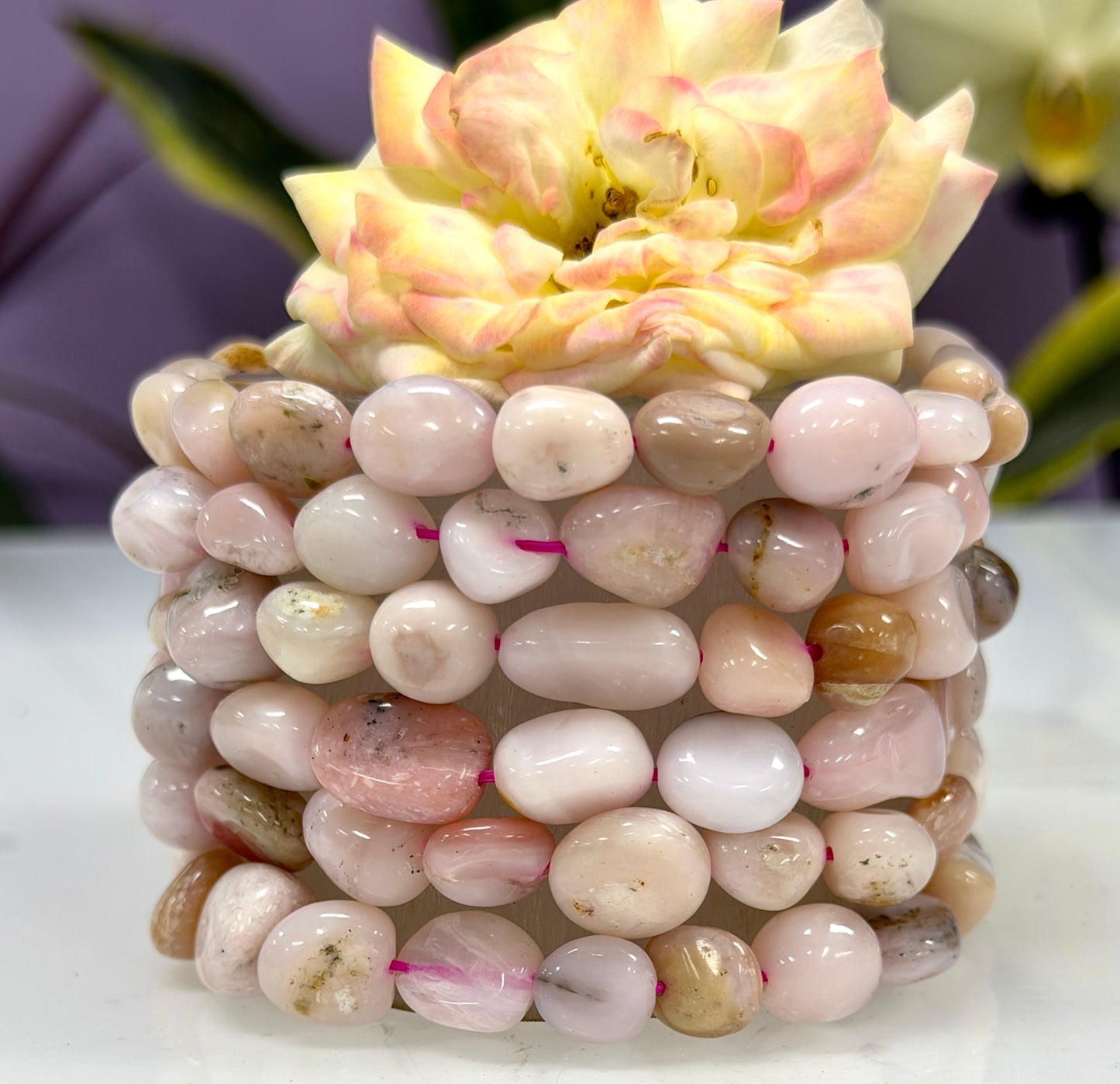 Wholesale 6 Pcs 8mm Pink Opal Tumble Natural Crystal Healing Stretch Bracelet 7.5"