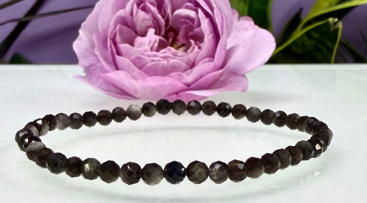 Wholesale Lot 6 Pcs Natural Faceted Silver Sheen Obsidian 4mm 7.5” Crystal Healing Stretch Bracelet
