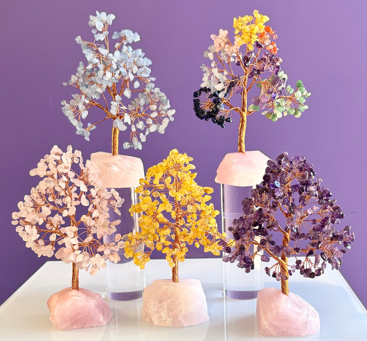 Wholesale Lot 5 Pcs Natural Crystal Tree with Rose Quartz Crystal Base Copper Wire