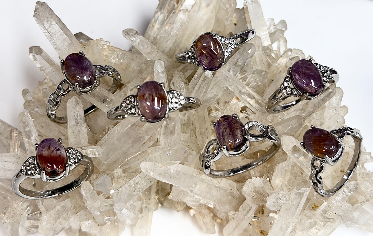 7 pcs Natural Auralite 23 Stainless Steel Ring Crystals Healing Energy