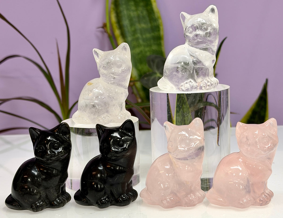 3 PCs Natural Black Obsidian Cats  Crystals healing energy