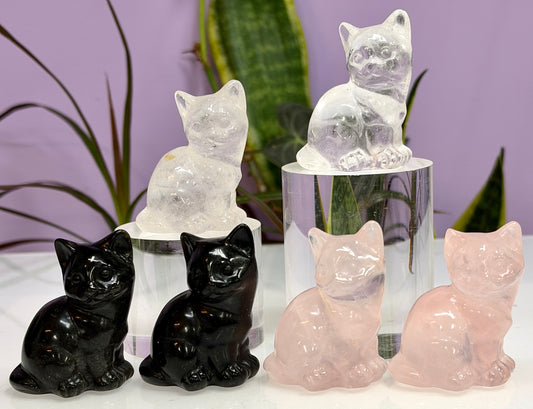 3 PCs Natural Black Obsidian Cats  Crystals healing energy