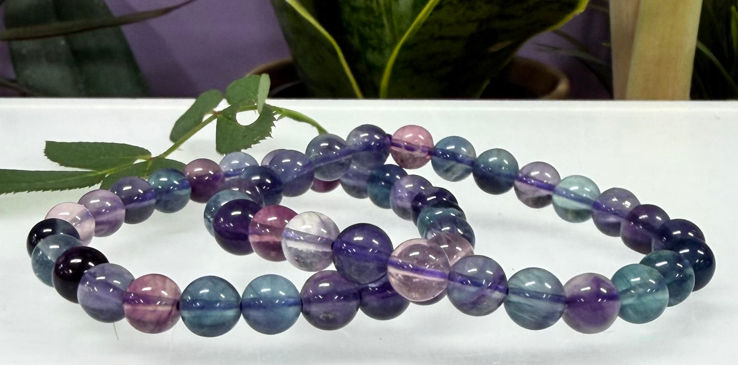 6 PCs 8mm Natural Rainbow Fluorite Stretch Bracelet 7.5”