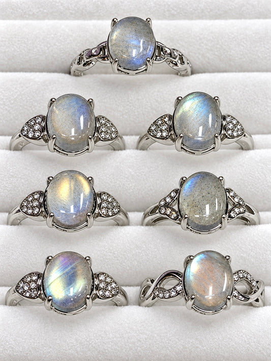 Wholesale Lot 7 pcs Natural Labradorite Stainless Steel Ring (316) 8x10mm