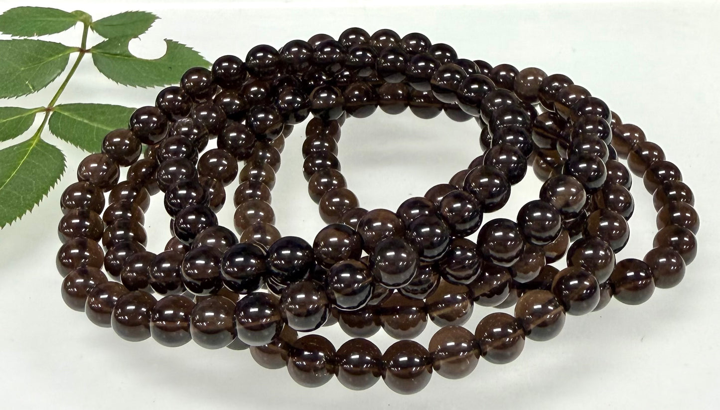 Wholesale 6 Pcs Natural Smoky Quartz 6mm 7.5” Crystal Healing Stretch Bracelet