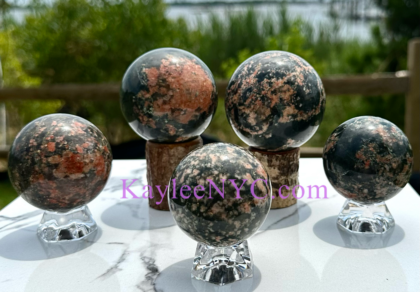 5 pcs Natural Cherry Blossom Green Rutilated Quartz Sphere