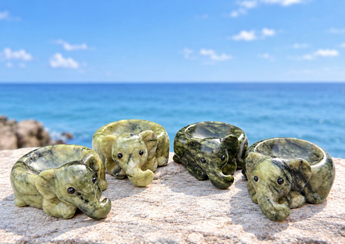 4 PCs Natural Nephrite Jade Bowl Crystal Elephant