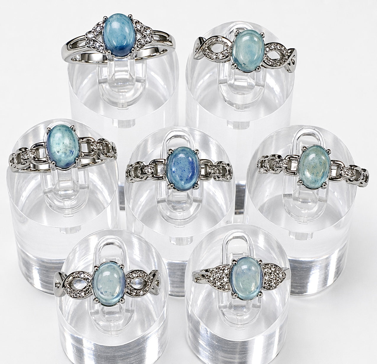 Wholesale Lot 7 pcs Natural Aquamarine Stainless Steel Ring 6x8mm
