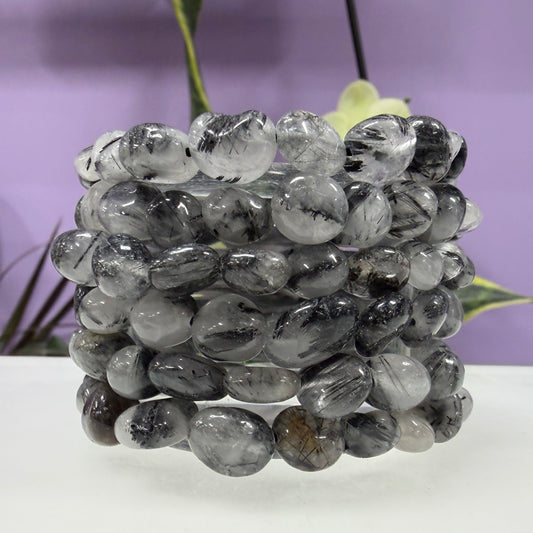 Wholesale 6 Pcs 8mm Tourmalinated Quartz Tumble Natural Crystal Healing Stretch Bracelet 7.5"