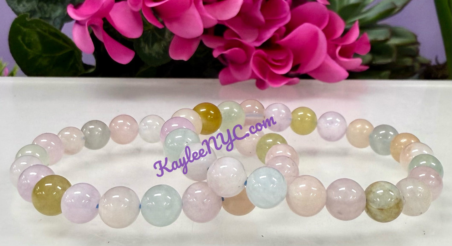 6 PCs 8mm Natural Morganite Stretch Bracelet 7.5”