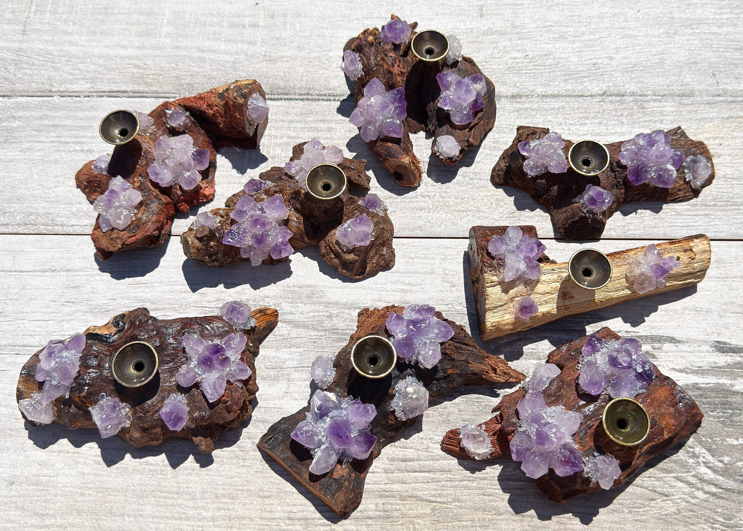 8 pcs PCs Natural Amethyst Drift Wood sphere stand Incense Holder