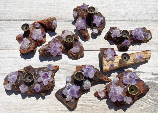 8 pcs PCs Natural Amethyst Drift Wood sphere stand Incense Holder
