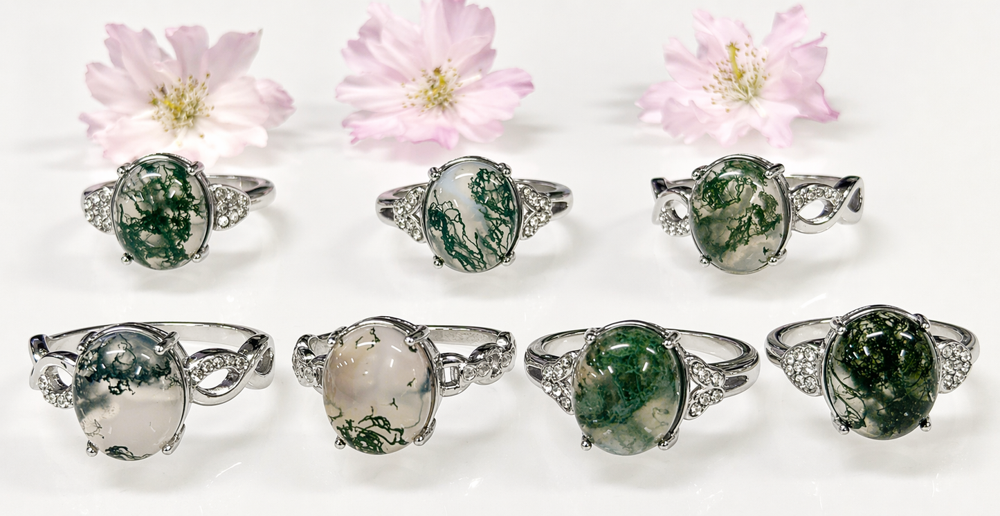 Wholesale Lot 7 pcs Natural Moss Agate Stainless Steel Ring 10x12mm