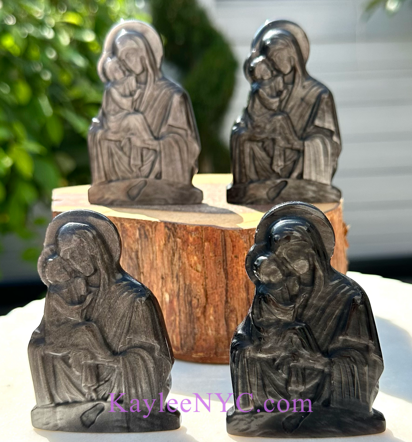 4 PCs 8 cm Natural Silver Sheen Obsidian Virgin Mary w Baby Jesus Crystals Healing Energy