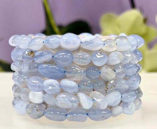 Wholesale 6 Pcs 6mm Blue Chalcedony Natural Crystal tumble Stretch Bracelet 7.5”