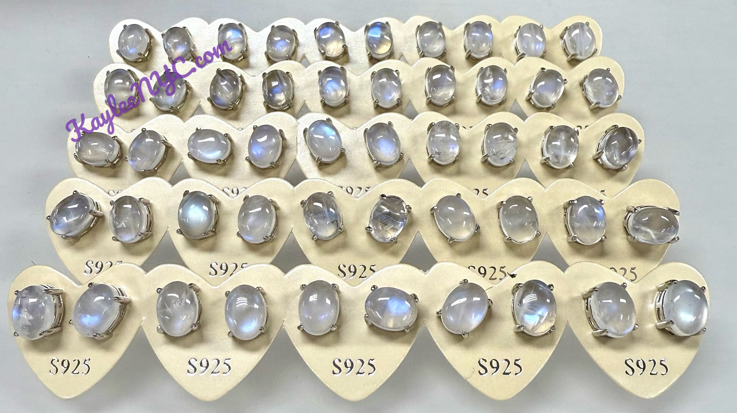 Wholesale Lot 5 Pairs Natural Moonstone Sterling Silver(925) Earring Studs 7x9mm