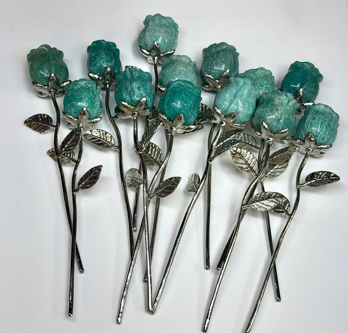 12 PCs Amazonite Rose with Rhodium Metal Stem Natural Crystal Healing Energy
