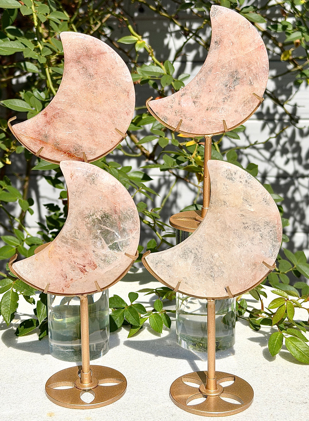 Wholesale Lot 4 PCs Natural Pink Hematoid Fire Quartz Moon with Stand Healing Energy