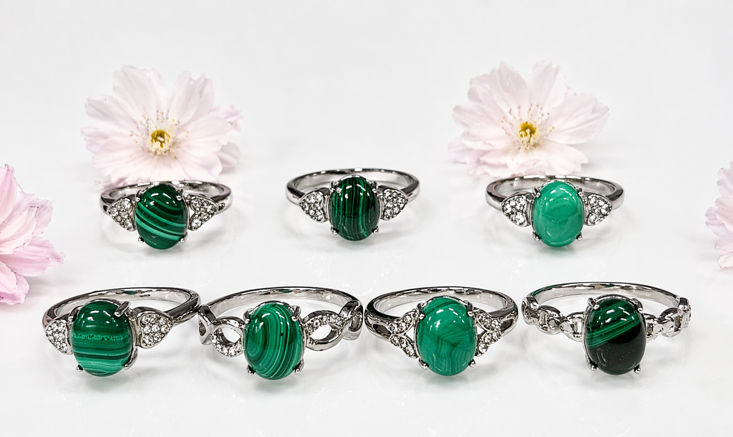 Wholesale Lot 7 pcs Natural Malachite Stainless Steel Ring 8x10mm