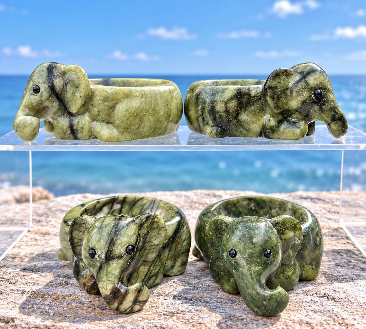 4 PCs Natural Nephrite Jade Bowl Crystal Elephant