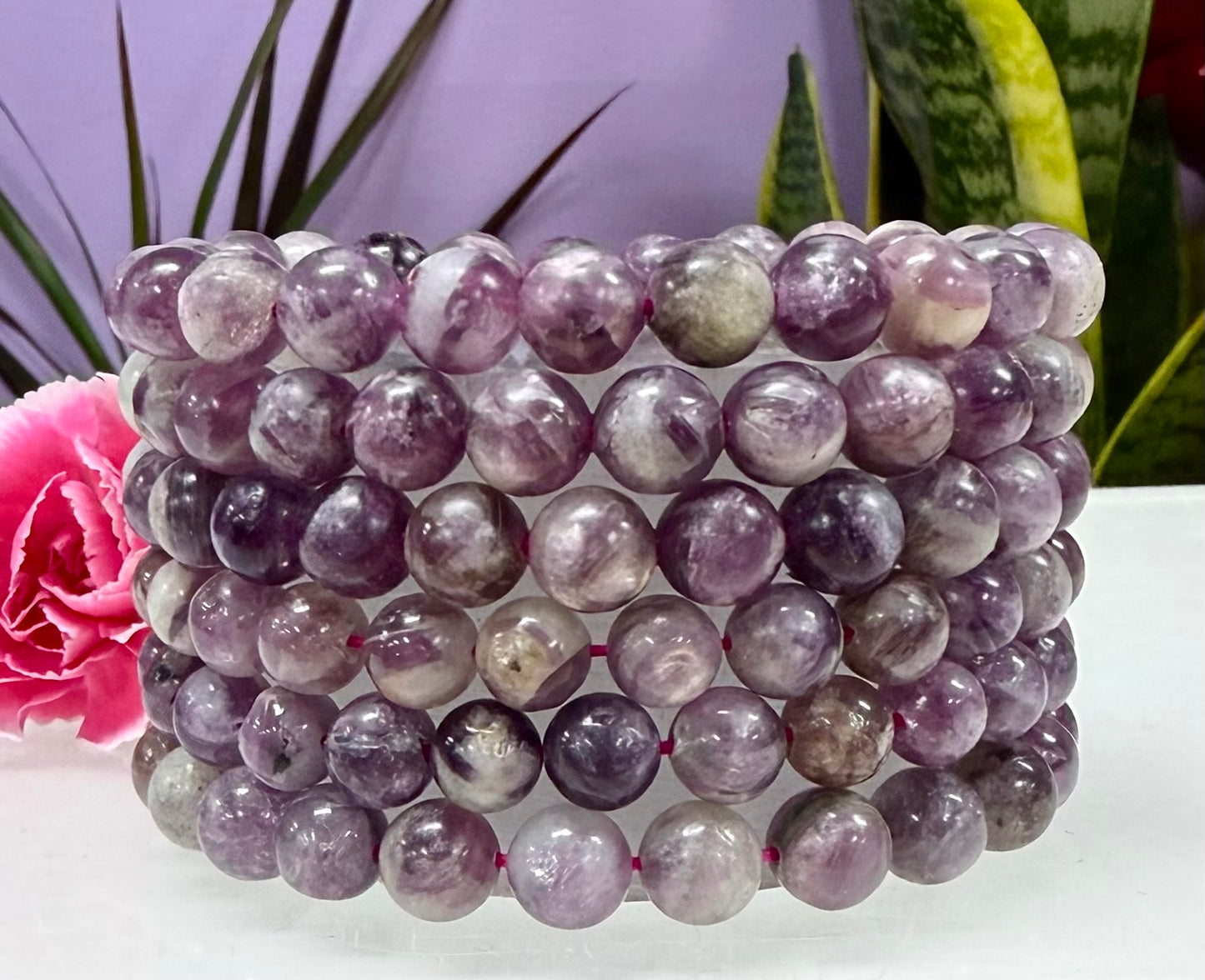 6 PCs Natural Lepidolite Mica 8mm 7.5” Stretch Bracelet