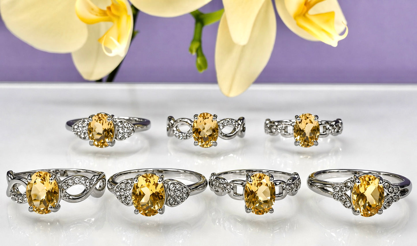 Wholesale Lot 7 pcs Faceted Citrine Stainless Steel Ring 6x8mm