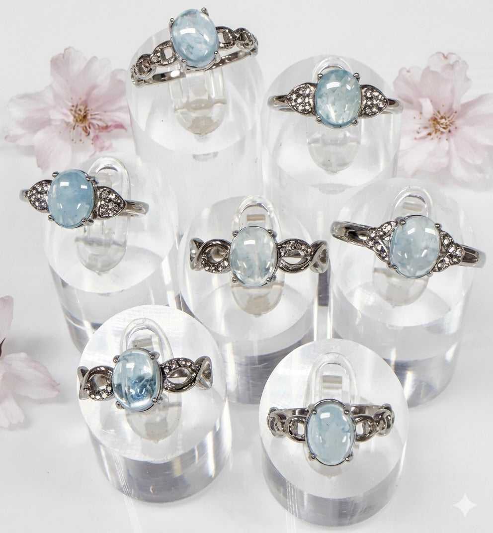 Wholesale Lot 7 pcs Natural Aquamarine Stainless Steel Ring 7x9mm