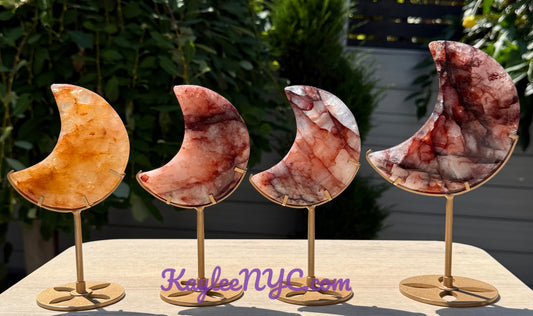 Wholesale Lot 3 PCs Natural Hematiod Fire Quartz Moon w/stand Healing Energy